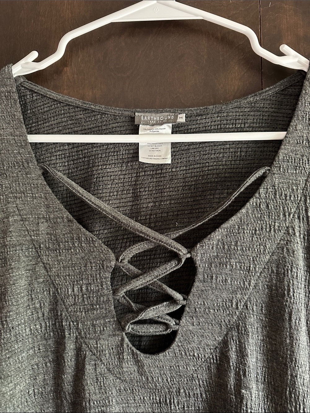 EARTHBOUND Charcoal Gray Lace-Up V-Neck Long Sleeve Top - Picture 2 of 6